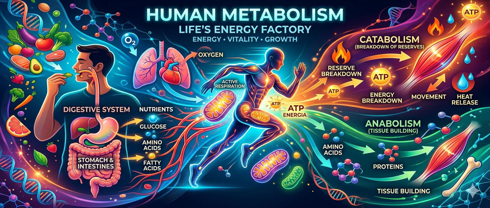 Human metabolism illustration showing digestive system, energy production, and nutrient processing