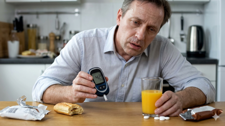 Man checking blood sugar level and feeling weak, possible symptom of low blood sugar