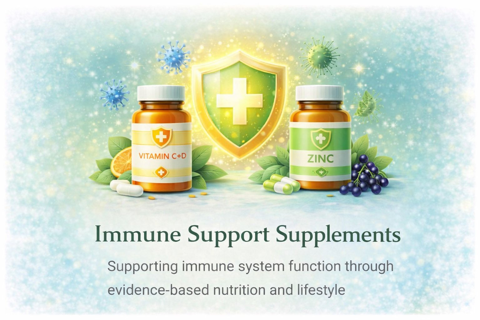 Immune support supplements including vitamin C, vitamin D and antioxidants supporting immune system health