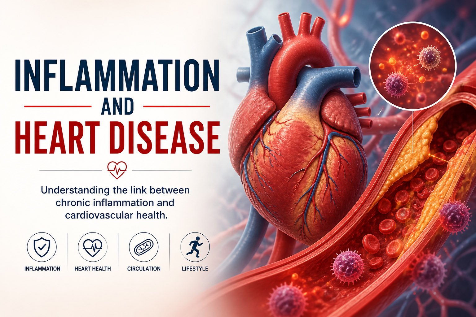 Medical illustration showing inflammation inside an artery and its connection to heart disease, including plaque buildup and reduced blood flow affecting cardiovascular health