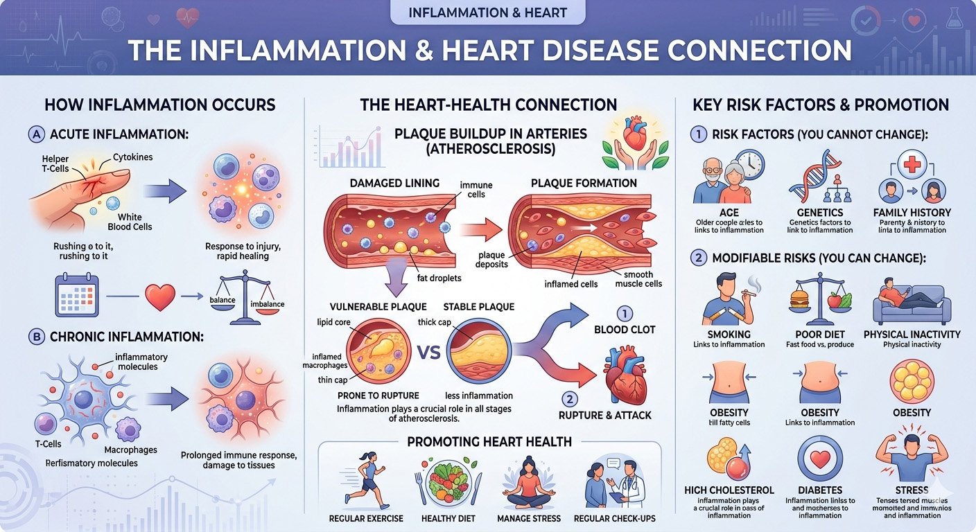 Inflammation and heart disease connection infographic showing how chronic inflammation contributes to plaque buildup and cardiovascular risk
