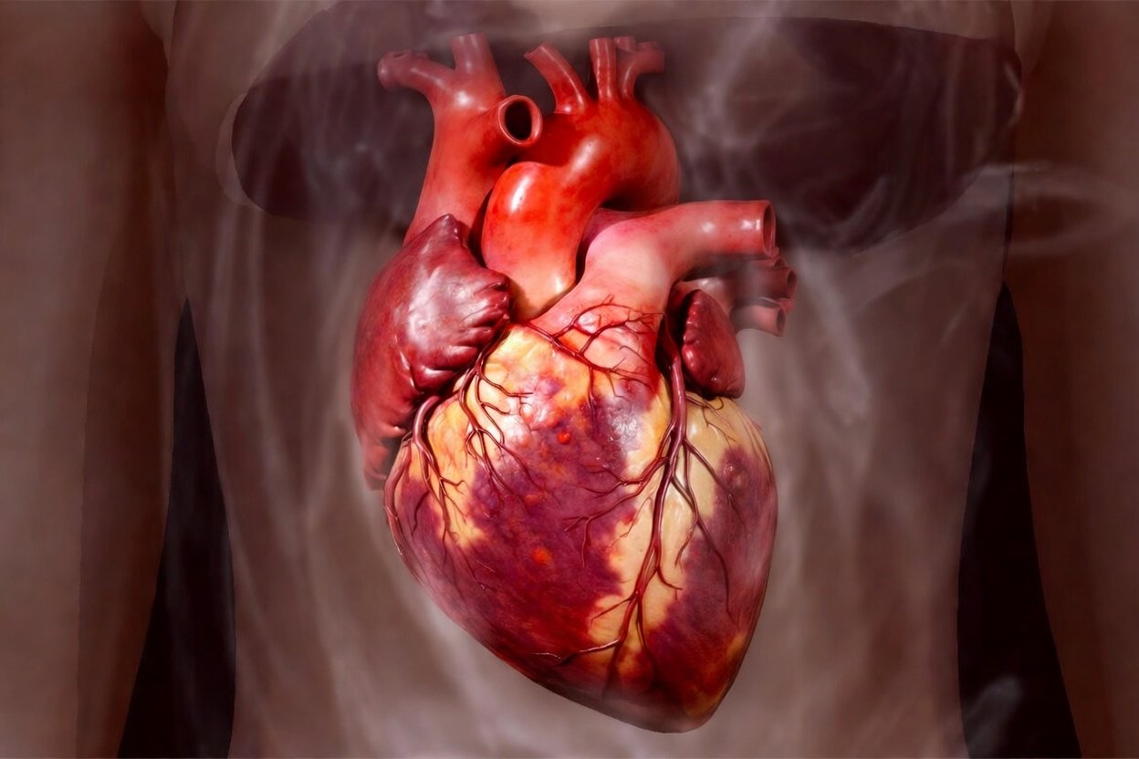 Heart inflammation illustration showing inflamed heart tissue associated with cardiovascular disease and chronic inflammation