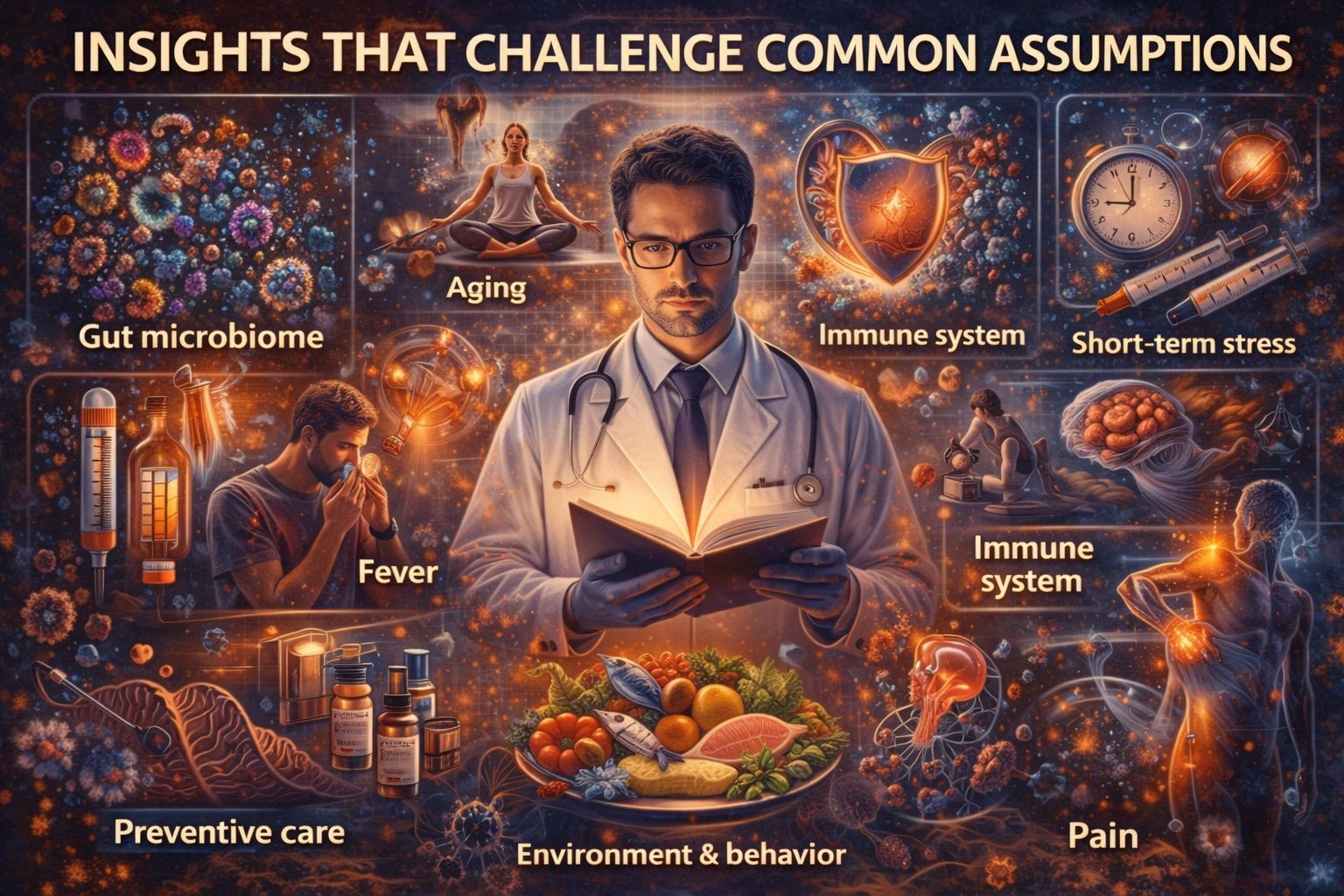 Illustration showing scientific insights that challenge common health assumptions including microbiome, immune system, aging, and preventive care