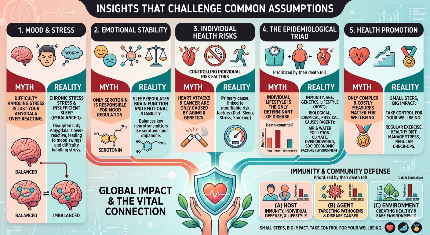 Infographic showing scientific insights that challenge common health assumptions including immunity, aging, microbiome, and preventive health