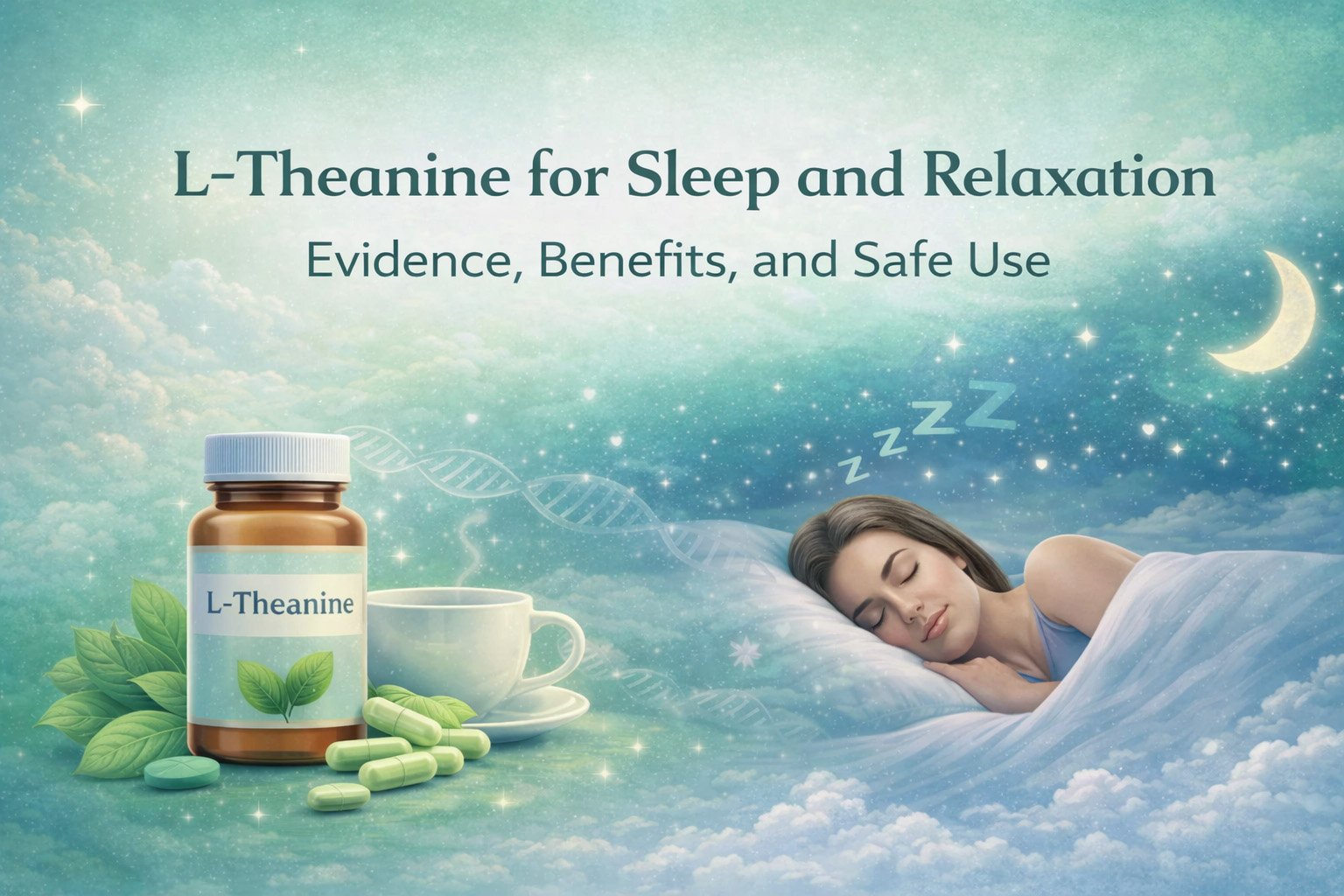 L-theanine supplement for sleep and relaxation illustration showing capsules and a person sleeping peacefully