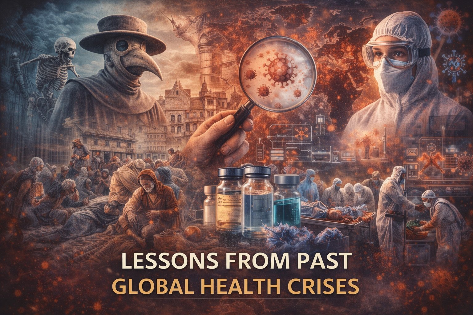 Historical and modern scenes of global health crises showing pandemics, healthcare workers, vaccines, and disease response efforts across different time periods