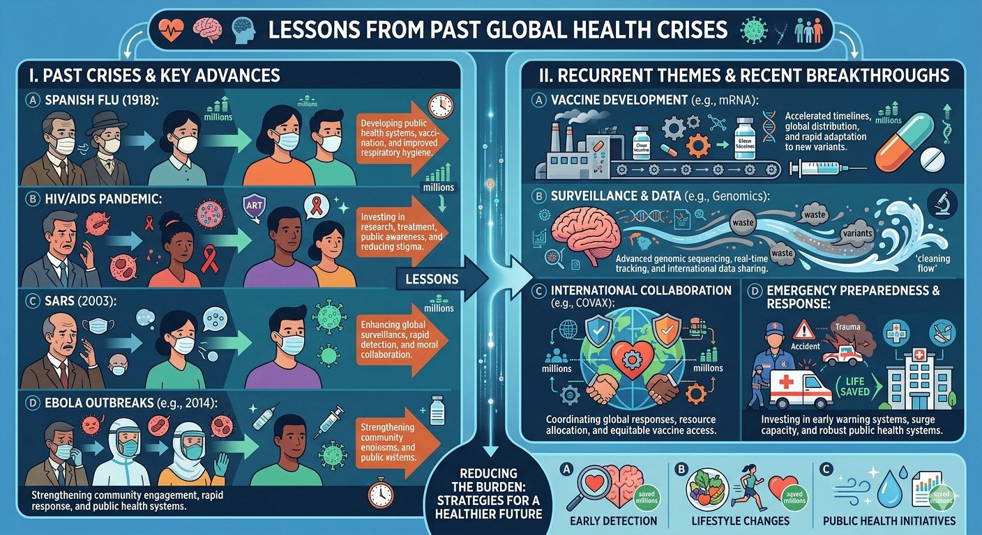 Infographic showing key lessons from past global health crises, including disease prevention, vaccination, sanitation, public health response, and emergency preparedness