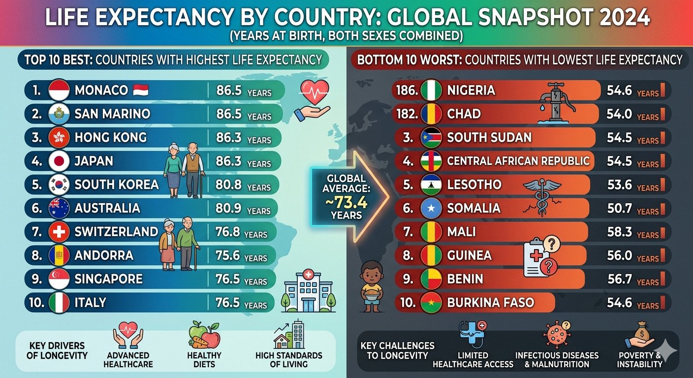 Life expectancy by country global comparison chart showing average lifespan across nations