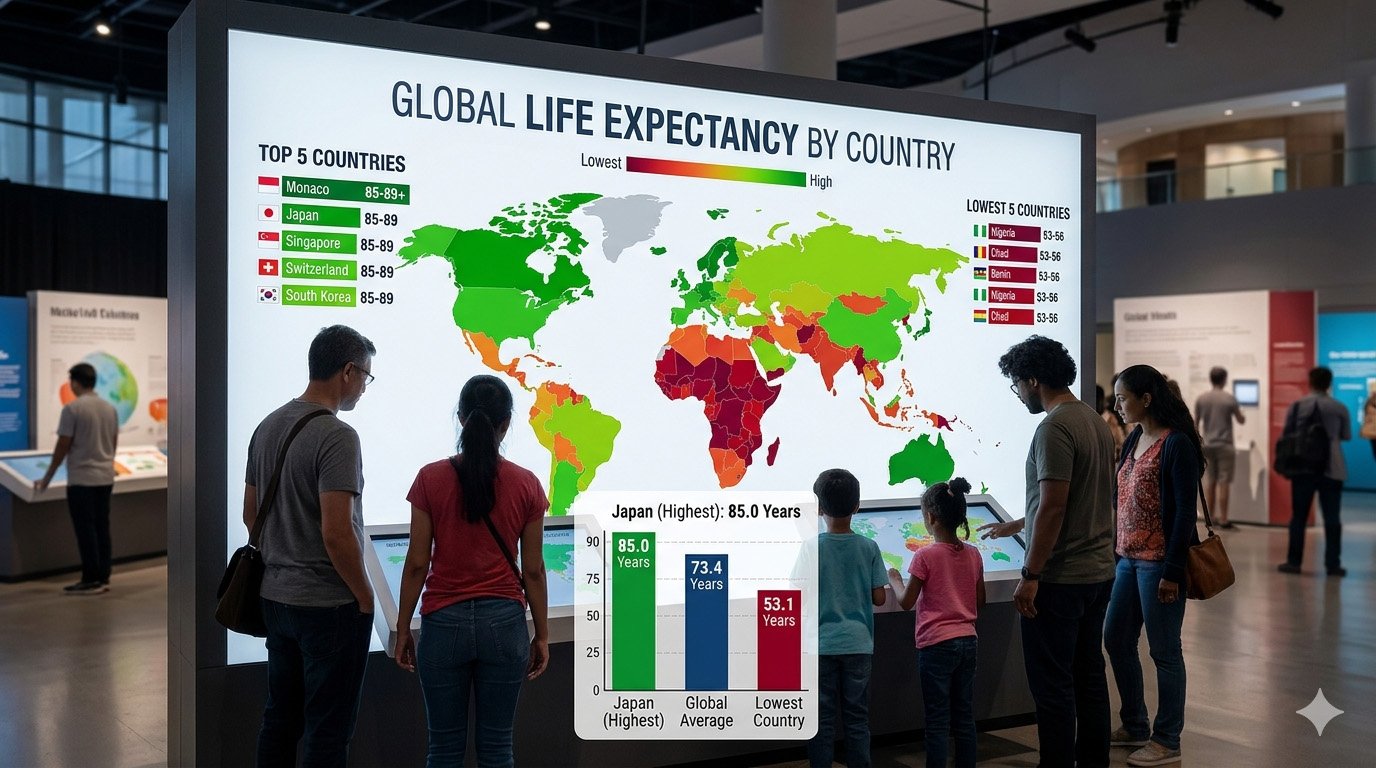 People analyzing global life expectancy map showing differences in lifespan across countries