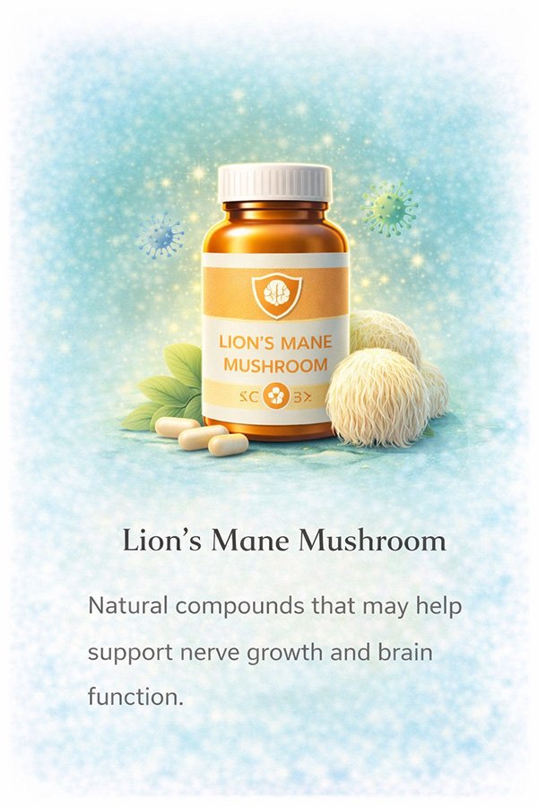 Lion’s mane mushroom supplement supporting brain health, memory and nerve function