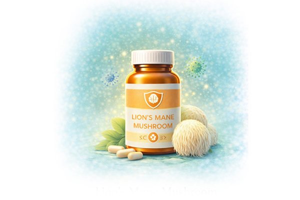 Bottle of Lion’s Mane mushroom supplement representing memory support, focus, and brain health