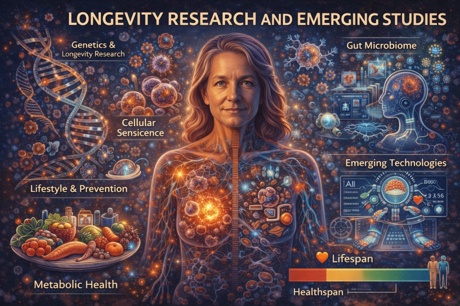 Illustration showing longevity research and emerging studies including genetics, cellular aging, microbiome, and lifestyle factors affecting lifespan and healthspan