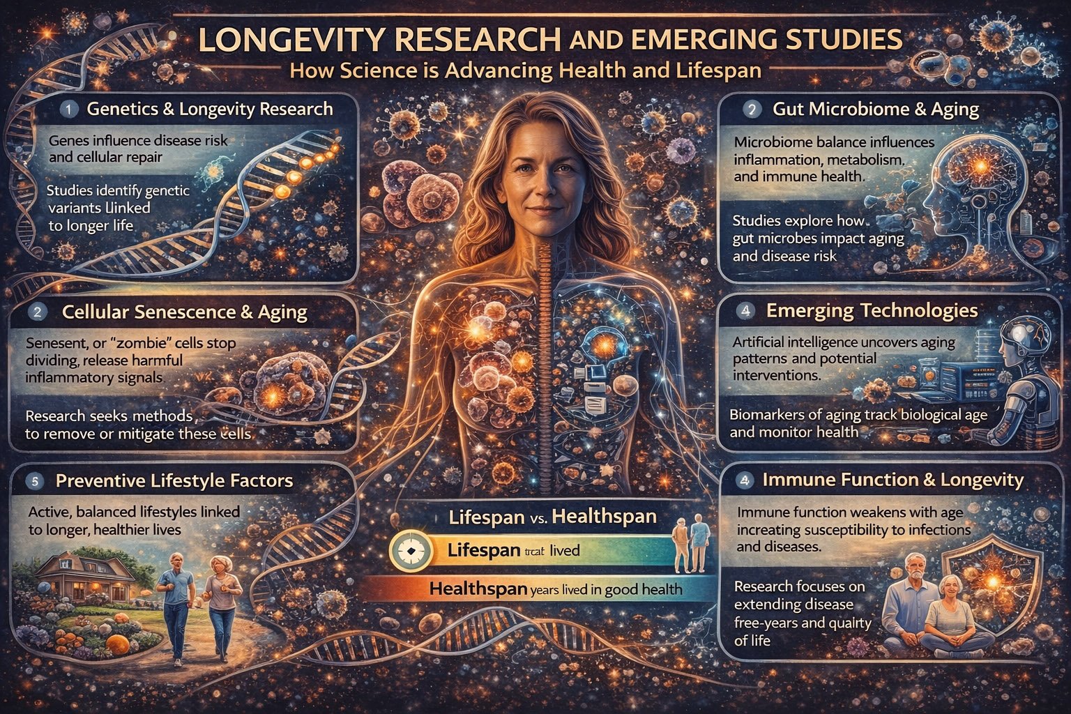 Infographic explaining longevity research and emerging studies including genetics, cellular aging, immune function, and lifestyle factors affecting lifespan and healthspan