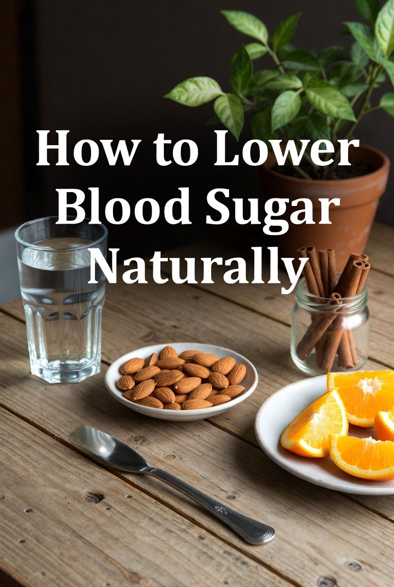 Healthy foods that help lower blood sugar naturally including nuts, citrus fruits, and balanced meal choices
