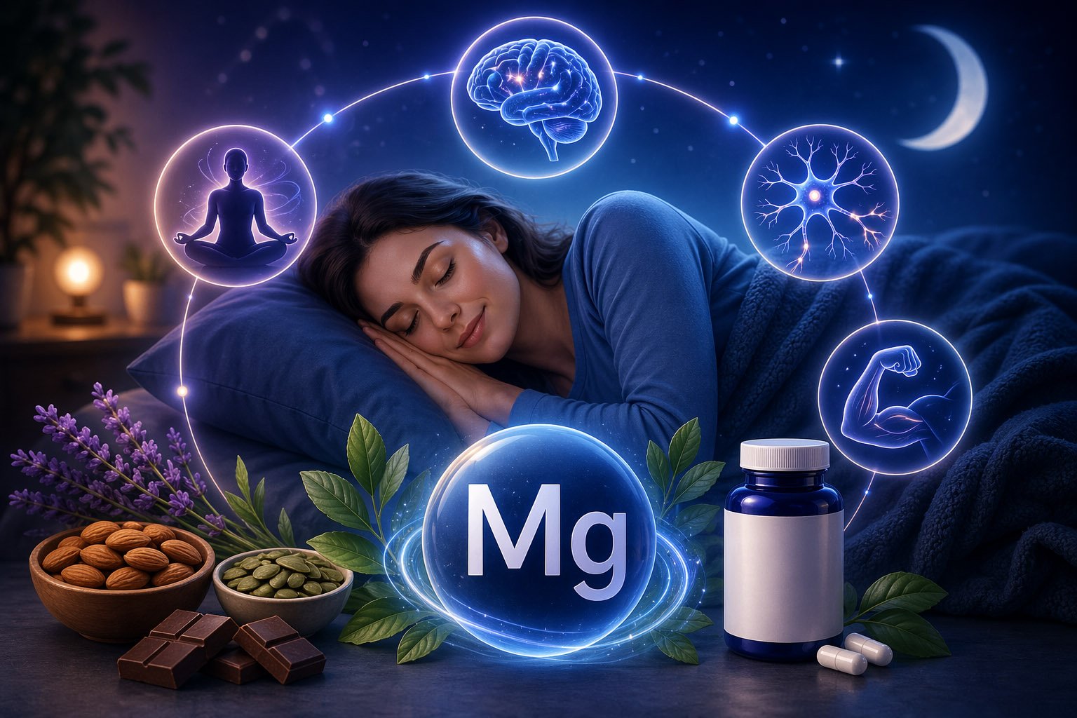 Magnesium sleep benefits illustration showing a woman sleeping peacefully with symbols of relaxation, nervous system support, and magnesium-rich foods and supplement