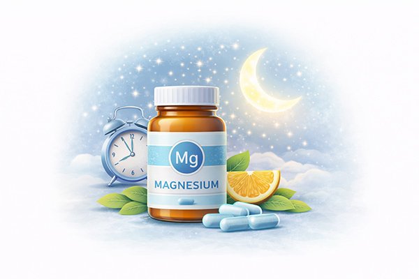 Magnesium supplement bottle with clock and moon representing sleep support and relaxation