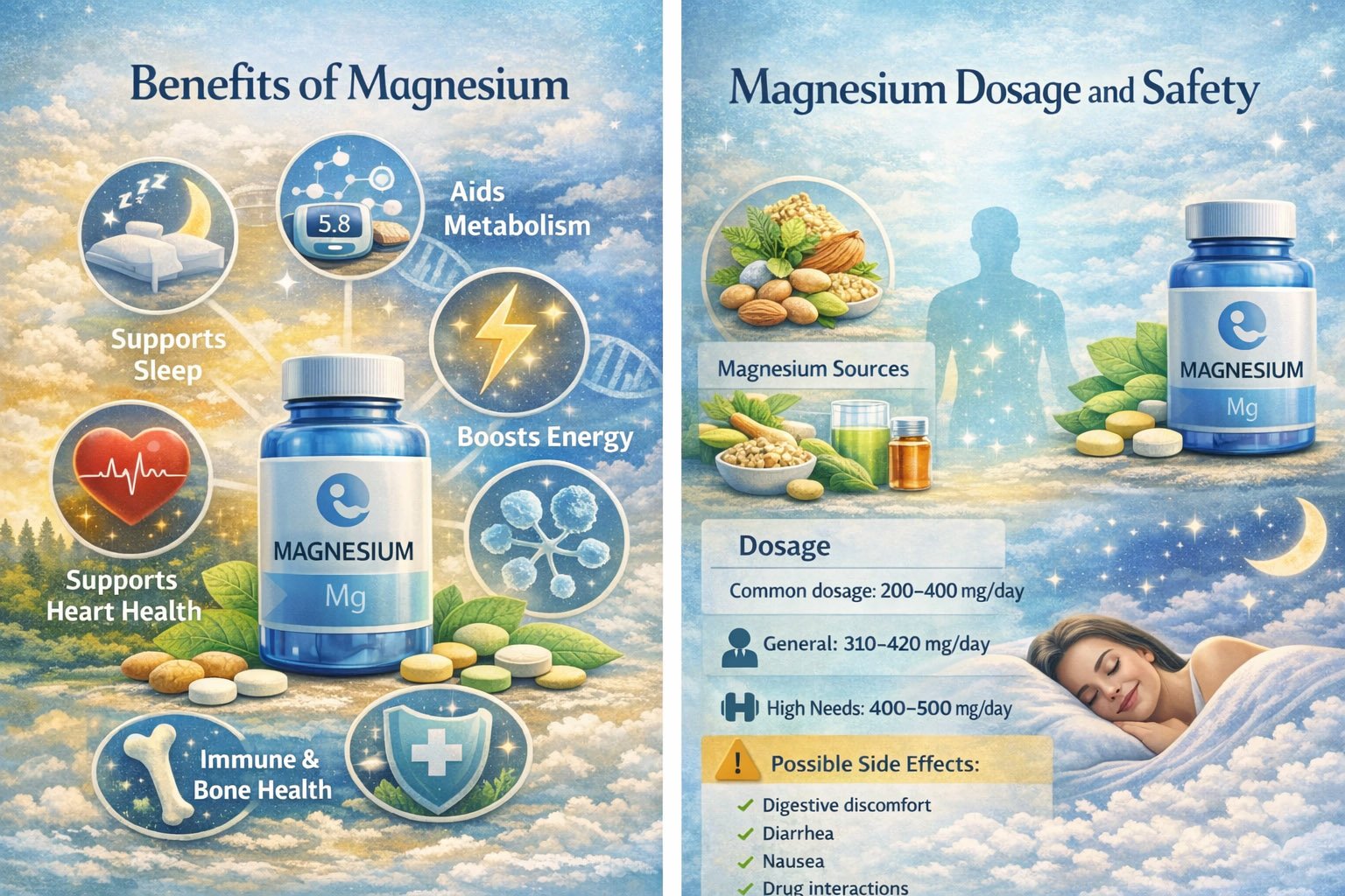 Magnesium benefits for sleep, metabolism, energy, heart health, and recommended dosage and safety guidelines