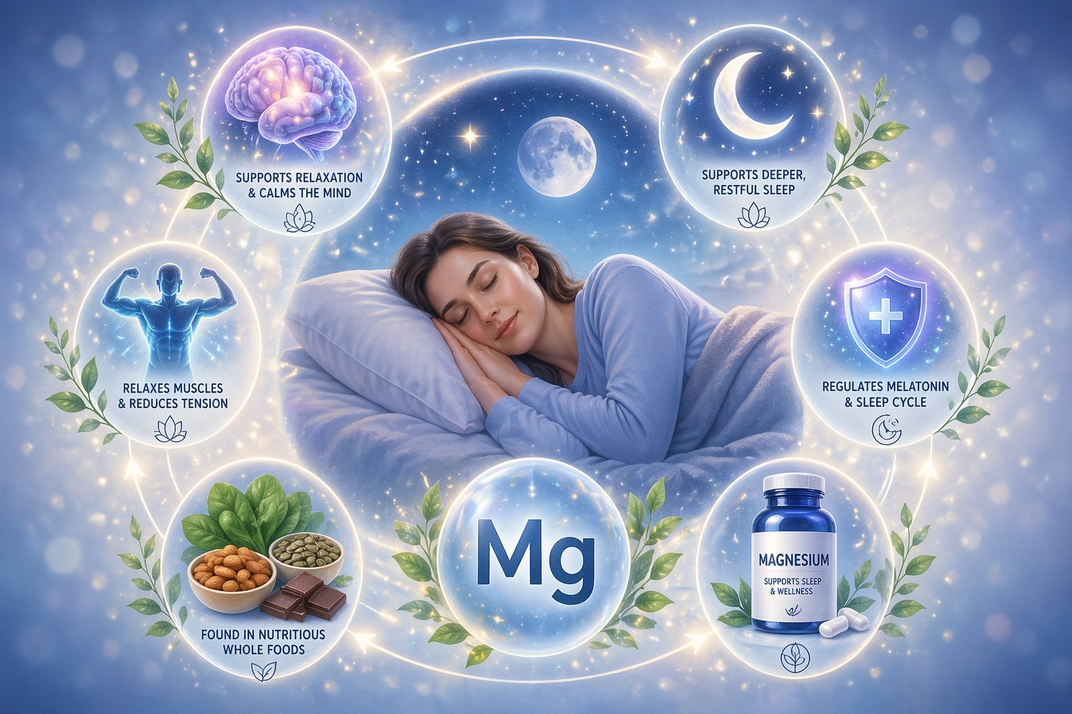 Magnesium for sleep illustration showing a woman sleeping peacefully with symbols of relaxation, melatonin regulation, muscle recovery, and natural magnesium sources