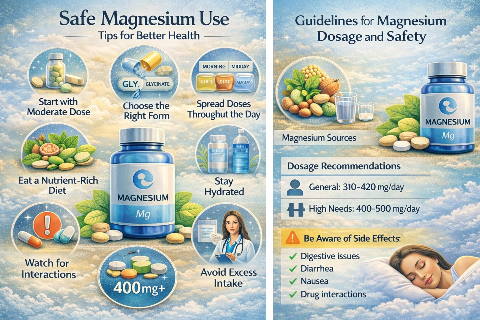 Magnesium supplement safety guidelines including dosage, interactions, and proper daily use