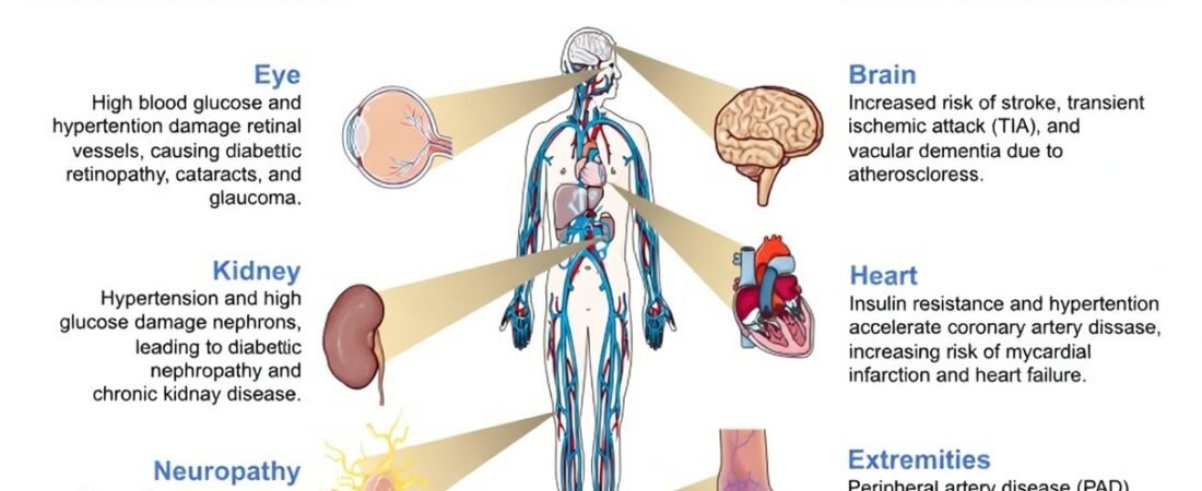 Major complications of diabetes diagram showing how high blood sugar affects organs such as the heart, kidneys, nerves, eyes, and feet