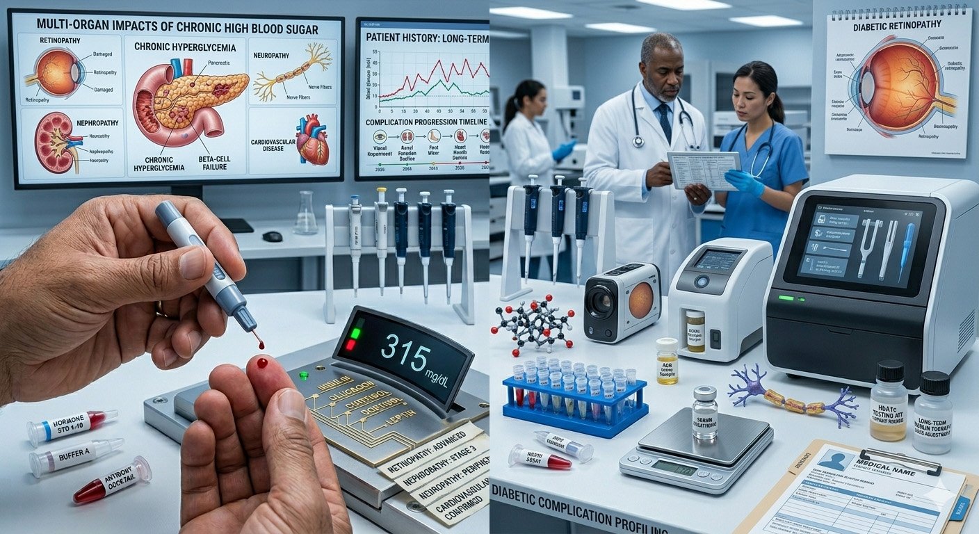 Major complications of diabetes illustration showing blood sugar testing, medical monitoring, and organs affected by diabetes such as heart, kidneys, and eyes