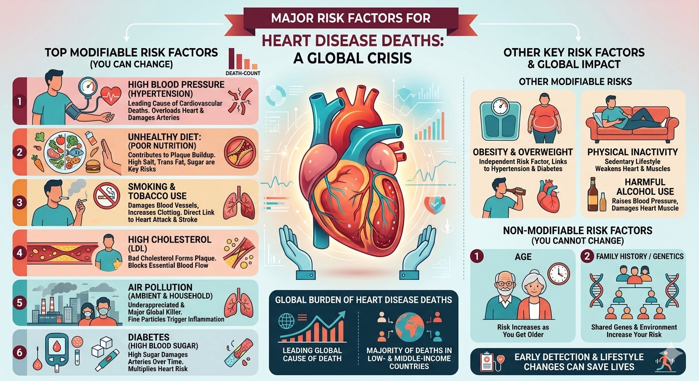 Infographic showing major risk factors for heart disease deaths including high blood pressure, cholesterol, smoking, diabetes, and obesity