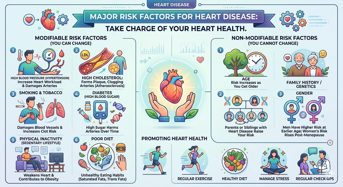 Infographic explaining major risk factors for heart disease including poor diet, smoking, high blood pressure, diabetes, and physical inactivity