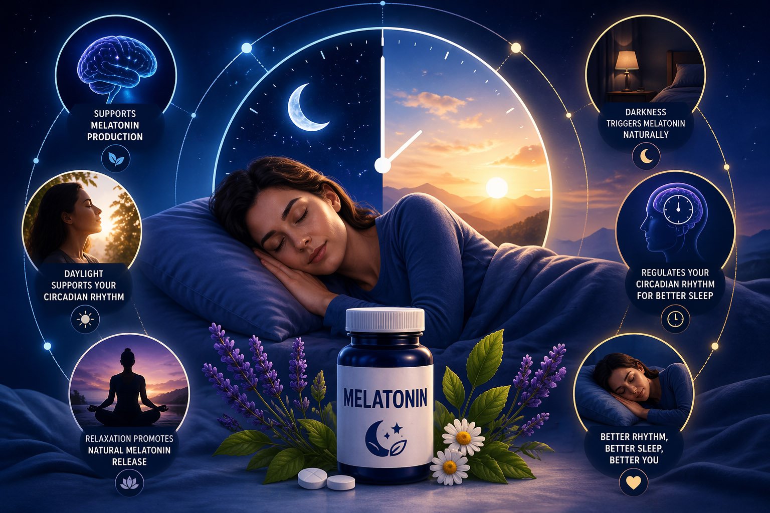 Melatonin for sleep illustration showing a woman sleeping peacefully with a circadian rhythm clock, daylight and darkness cycle, and melatonin supplement supporting natural sleep regulation