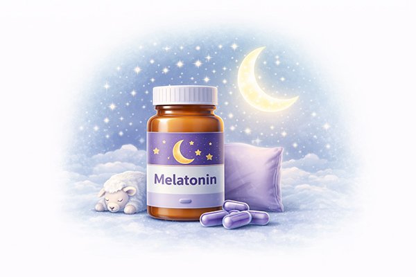 Melatonin supplement bottle with moon representing sleep regulation