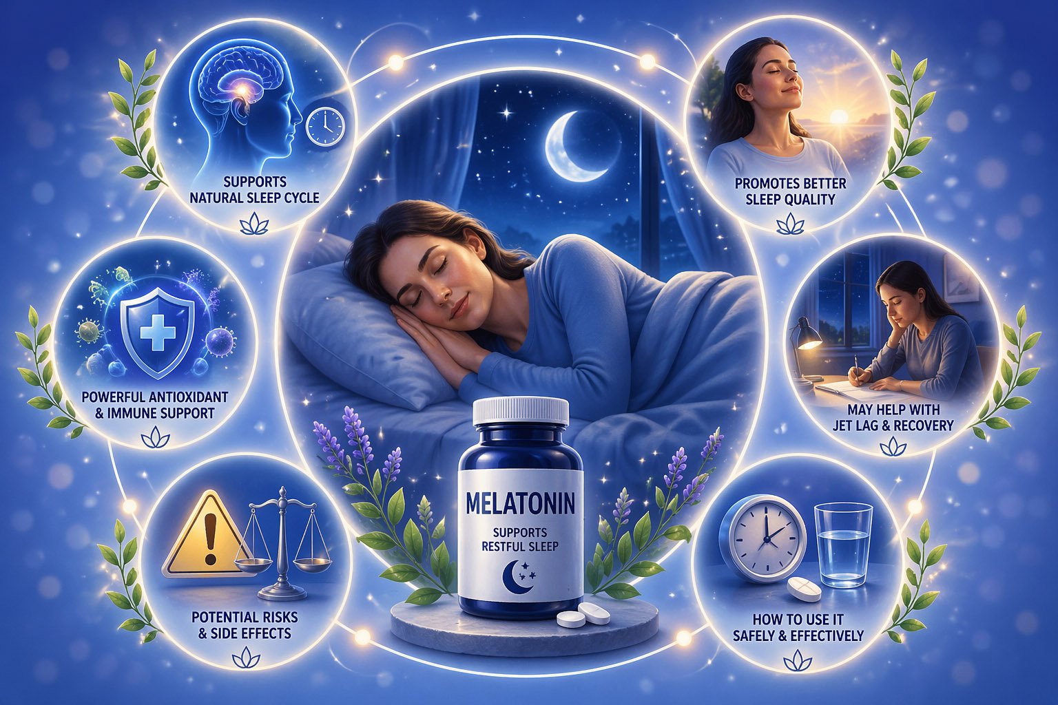 Melatonin supplement illustration showing a woman sleeping peacefully with symbols of sleep cycle regulation, benefits, risks, and safe use of melatonin for better sleep