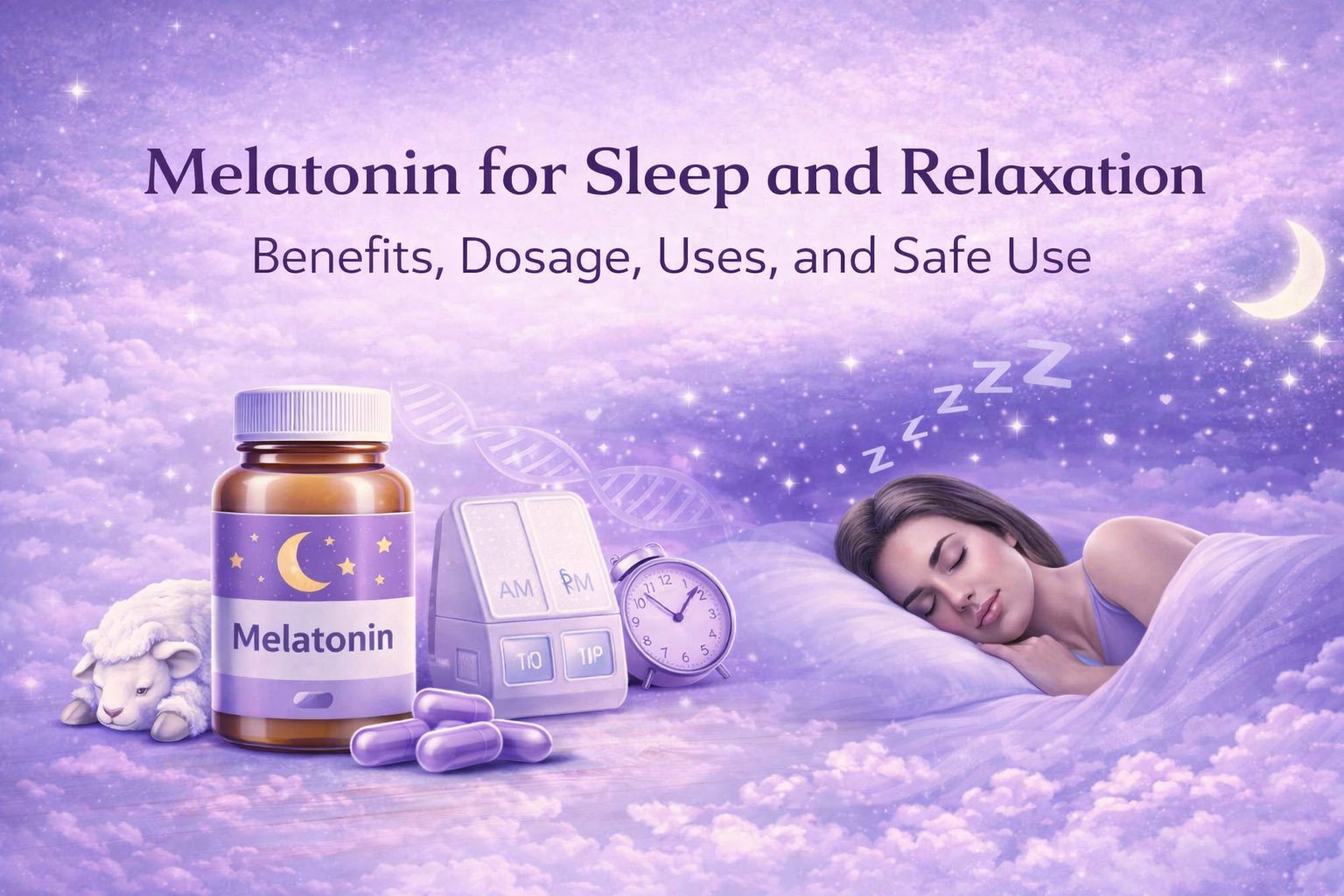 Melatonin supplement for sleep and relaxation with moon and bedtime scene illustrating circadian rhythm support