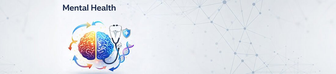 Mental health concept banner with stylized brain illustration representing emotional well-being, cognitive health, and psychological balance.