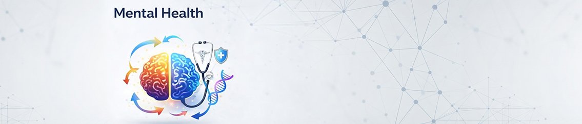 Mental health concept banner with stylized brain illustration representing emotional well-being, cognitive health, and psychological balance.