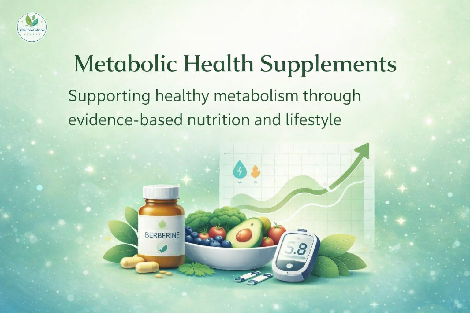 Supplement bottle next to a bowl of avocado, eggs, and broccoli, illustrating metabolic health support with a growth chart in the background.