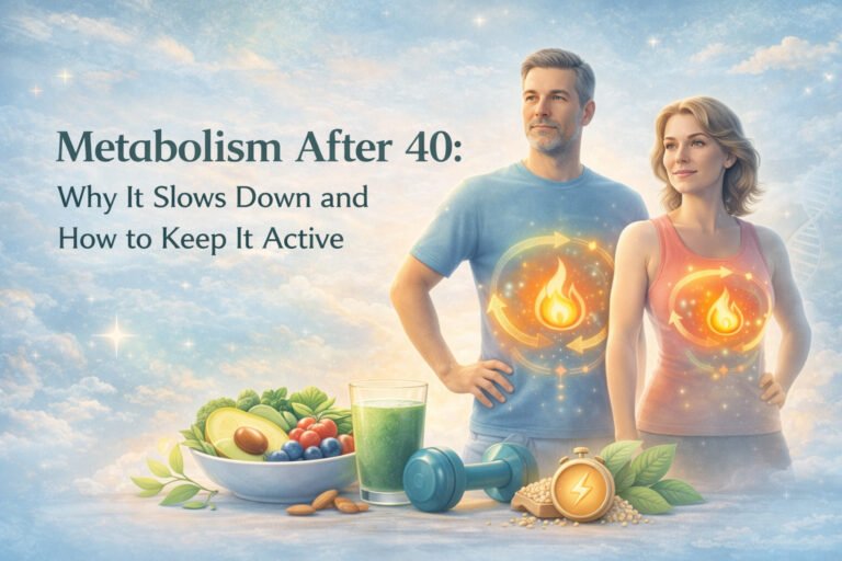 Illustration showing metabolism changes after age 40 and how lifestyle habits support healthy energy and metabolic function