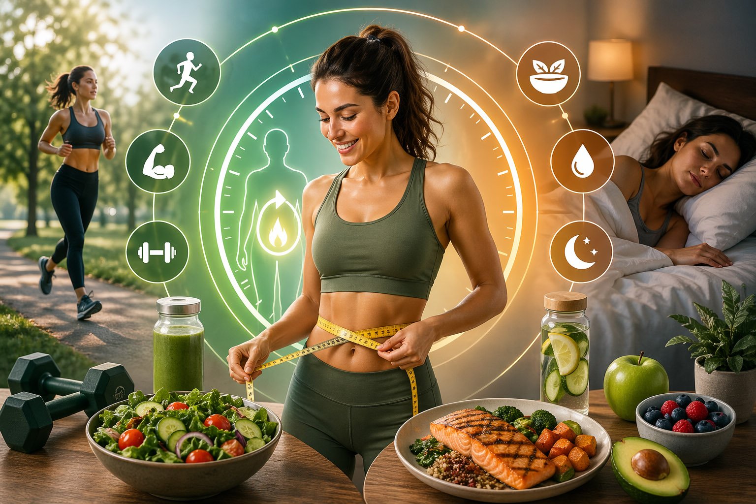 Metabolism and weight management illustration showing a woman measuring her waist with healthy foods, exercise, hydration, and sleep habits supporting metabolic balance
