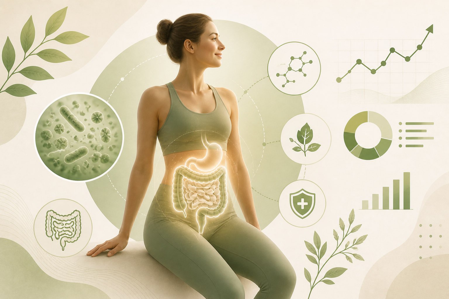 Metabolism and gut health illustration showing digestive system and microbiome activity in a seated woman