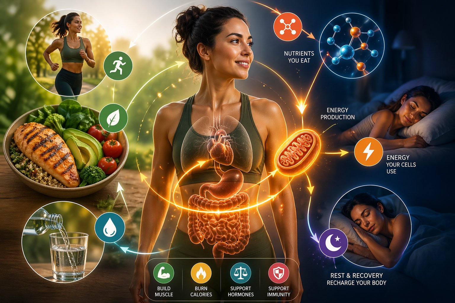 Metabolism illustration showing how the body converts nutrients into energy with digestion, exercise, hydration, and sleep supporting energy production