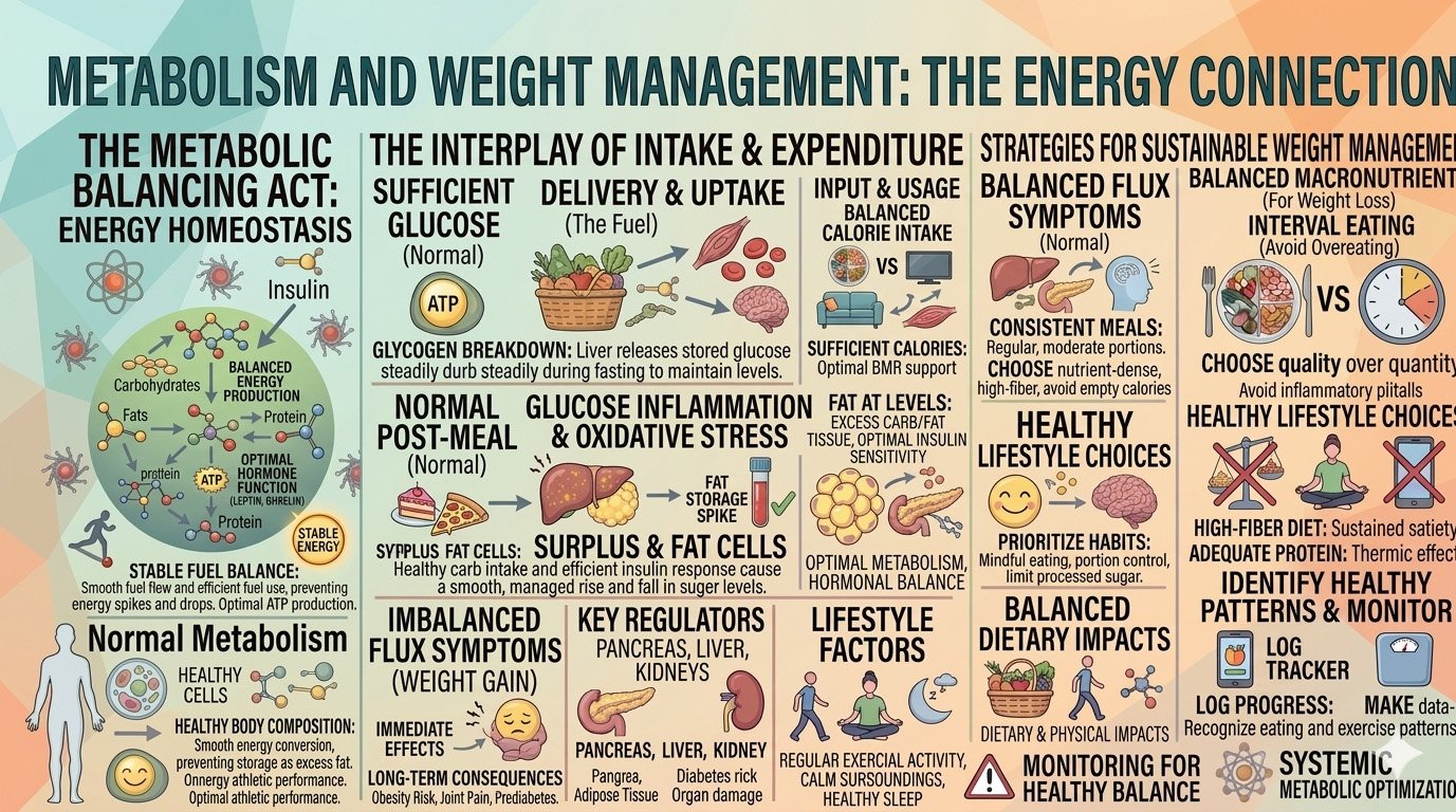 Infographic explaining how metabolism affects weight management and energy balance through calorie use and metabolic rate