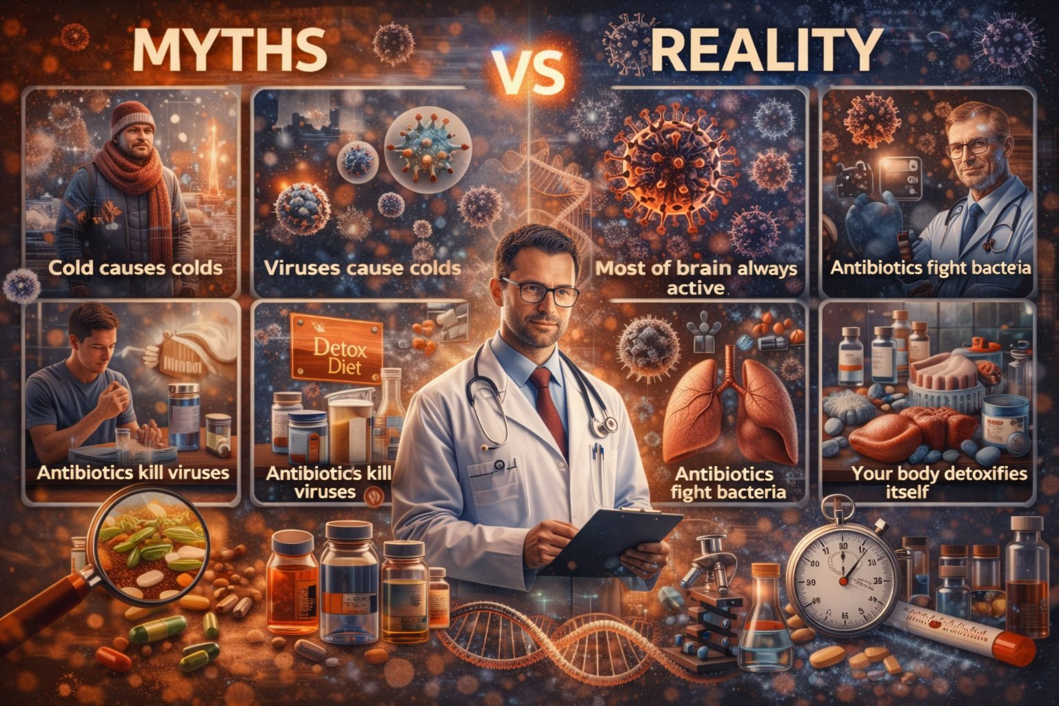 Illustration showing myths versus reality in health and medicine with medical symbols, doctor, viruses, and scientific concepts