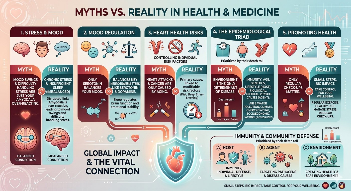 Infographic comparing common health myths and medical facts based on scientific evidence in health and medicine