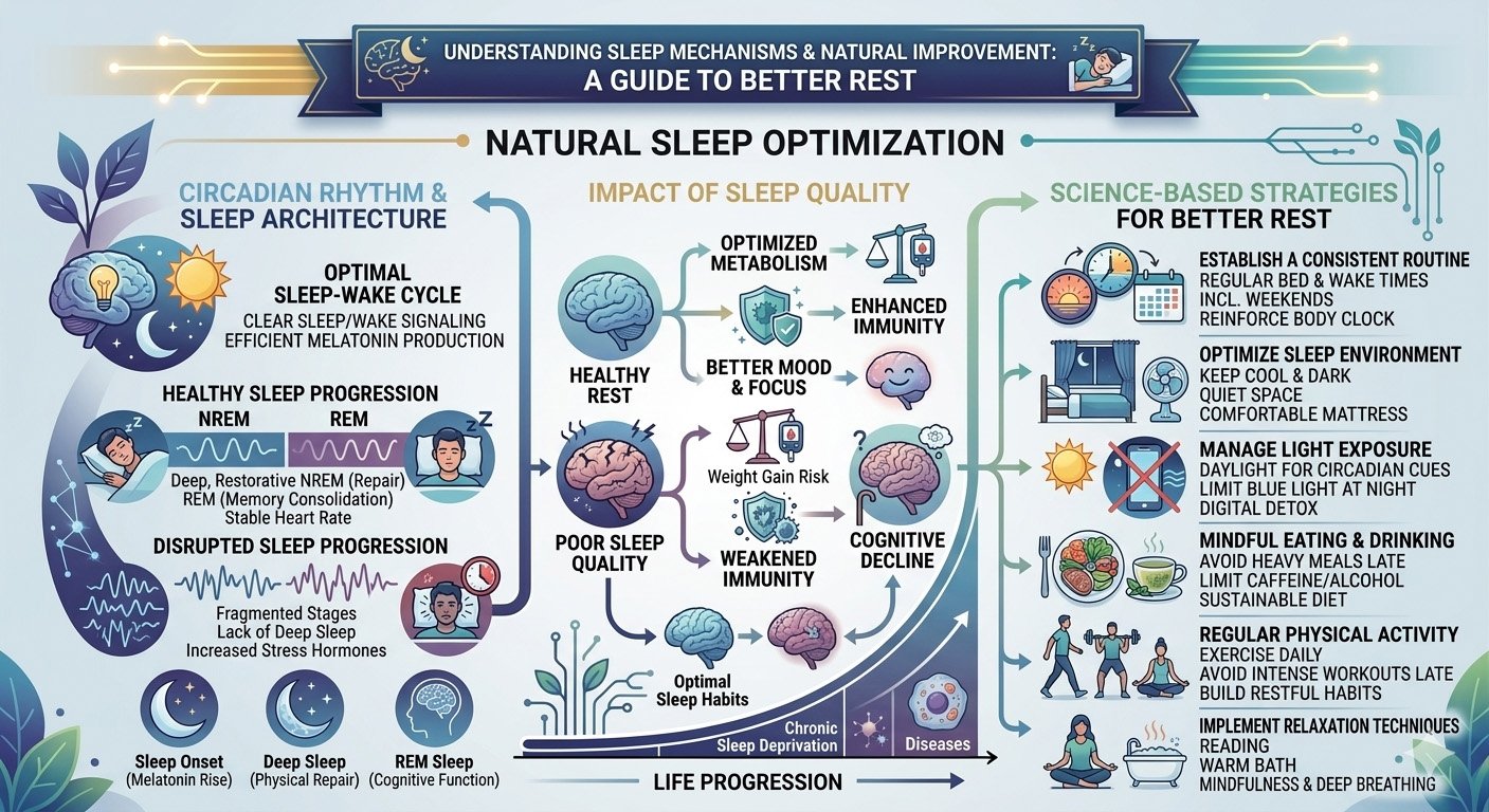 Infographic showing natural sleep optimization strategies to improve sleep quality, recovery, and daily energy levels