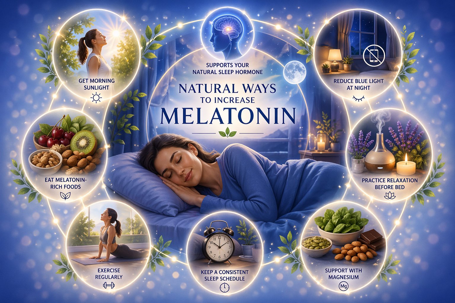 Natural ways to increase melatonin illustration showing a woman sleeping peacefully with lifestyle habits like sunlight exposure, healthy foods, exercise, and consistent sleep schedule