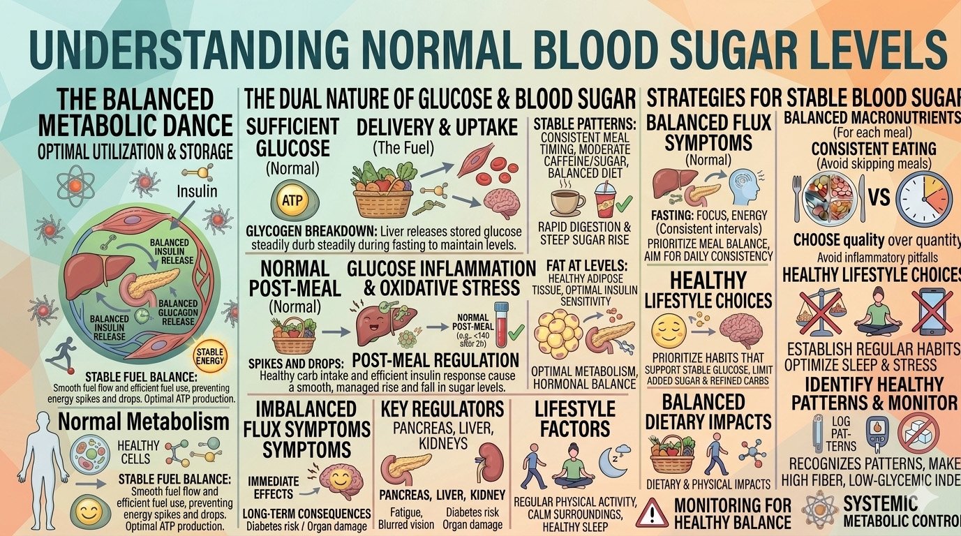 Normal blood sugar levels by age infographic showing healthy glucose ranges for children, adults, and older adults