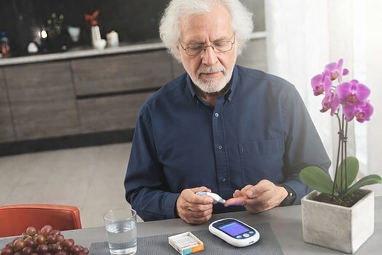 Older adult checking blood sugar levels with a glucometer at home to monitor glucose and manage diabetes risk
