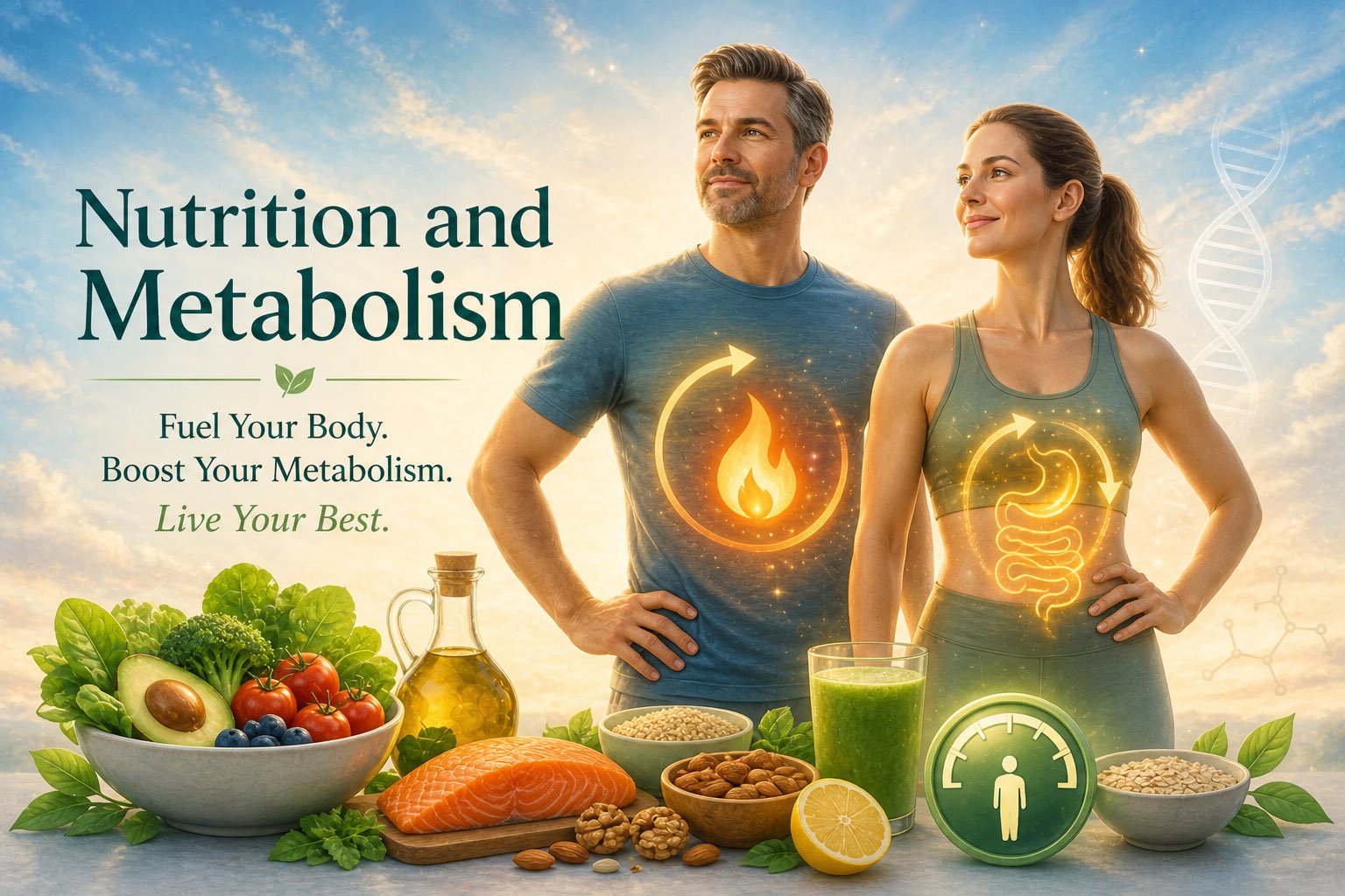 Healthy foods and active adults illustrating the connection between nutrition, metabolism, energy production, and overall metabolic health