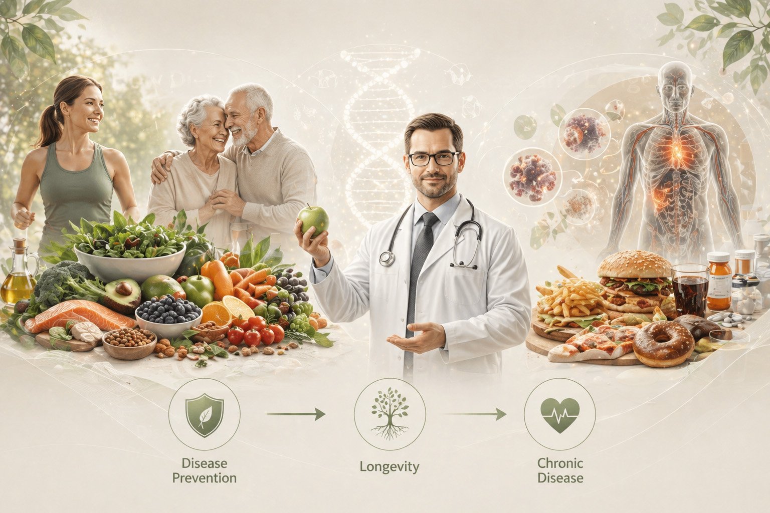 Nutrition and longevity illustration showing healthy foods, lifestyle habits, and disease prevention supporting long-term health and aging