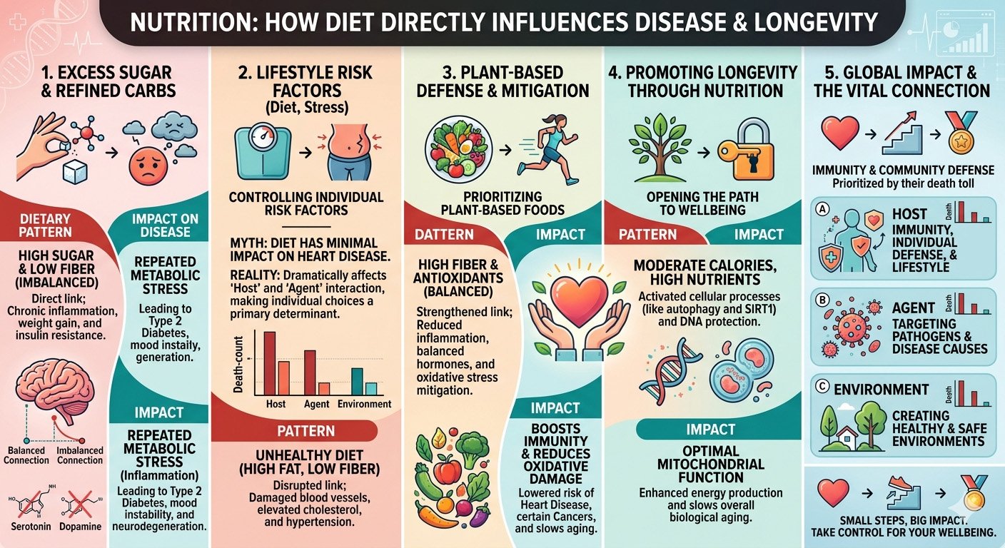 Nutrition infographic showing how diet affects disease risk, metabolism, heart health, and longevity in the human body