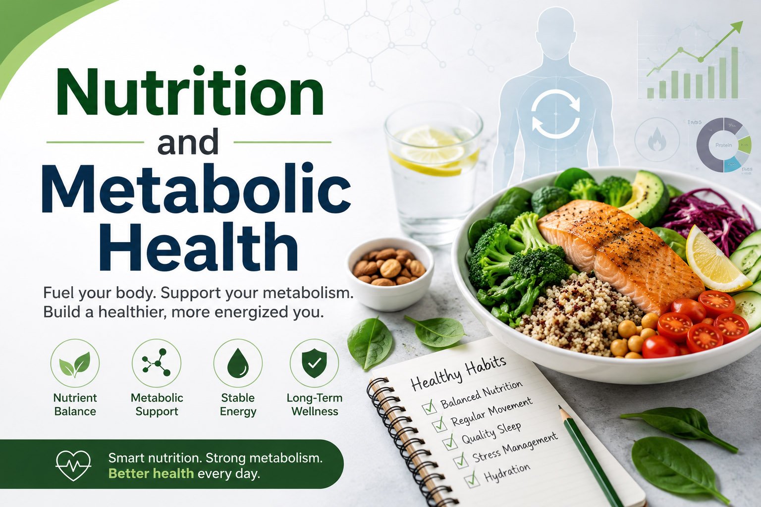 Healthy balanced meal with salmon, vegetables, and whole foods representing nutrition and metabolic health support