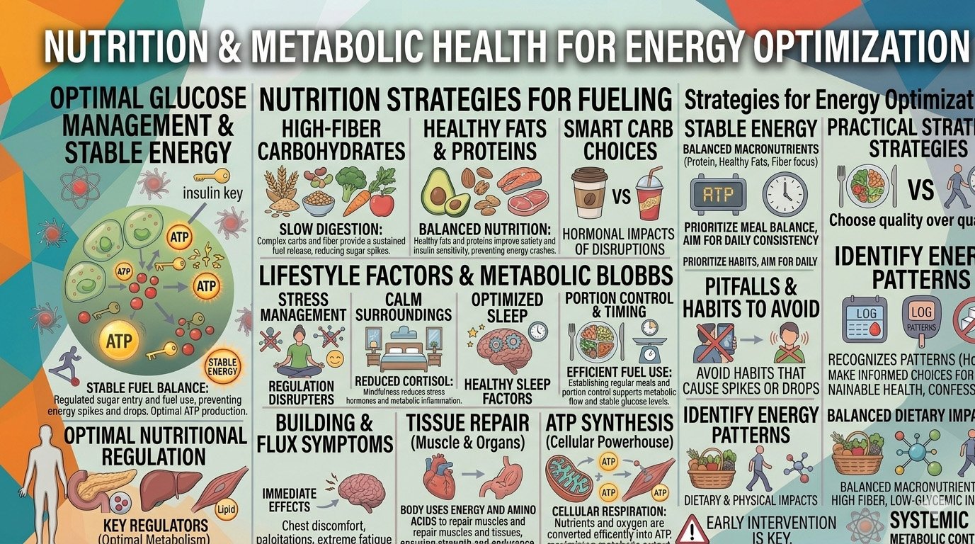 Infographic showing how nutrition supports metabolic health and energy production through balanced nutrients and healthy lifestyle habits